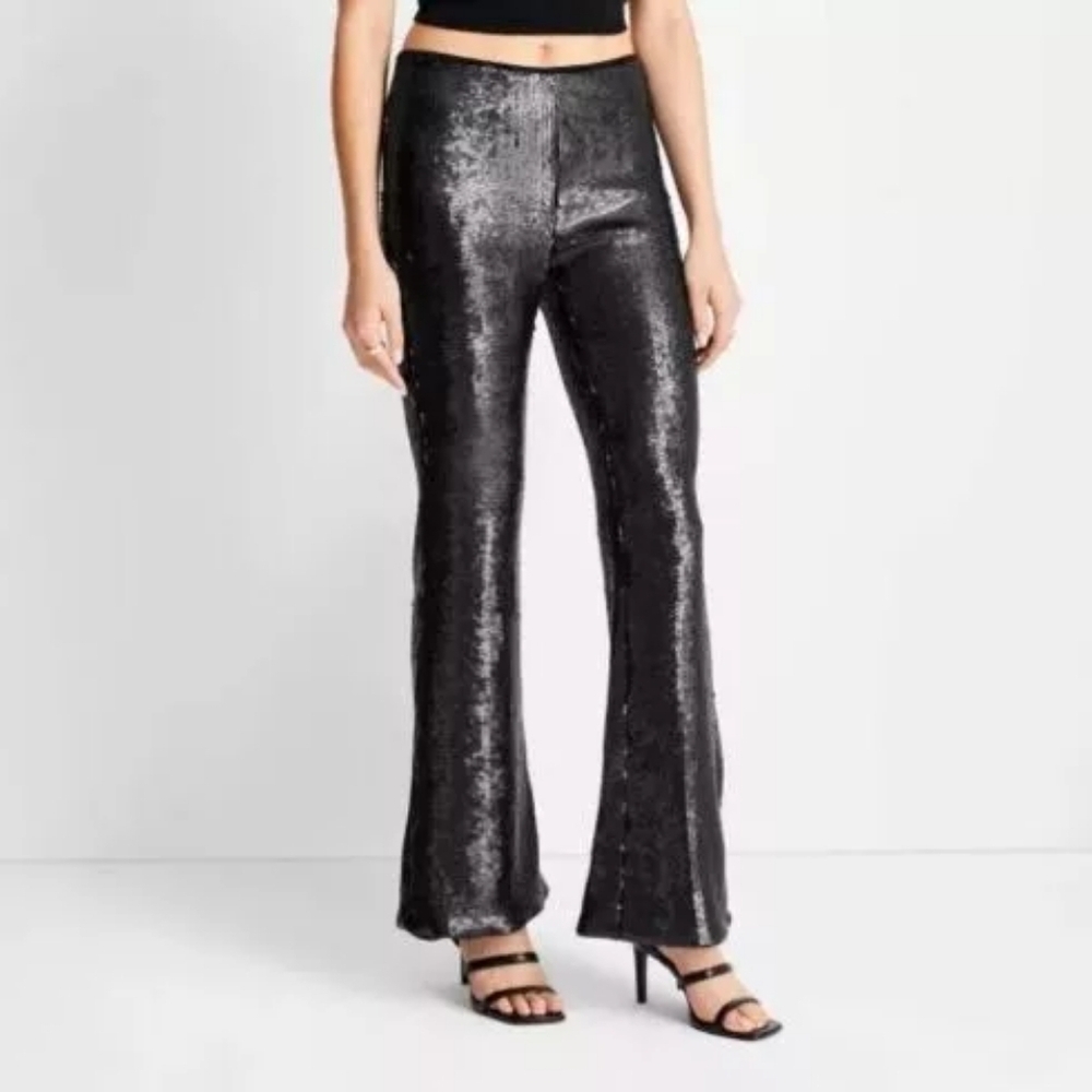 Future Collective Kahlana Barfield Brown Sequin Flare Pants Size 6